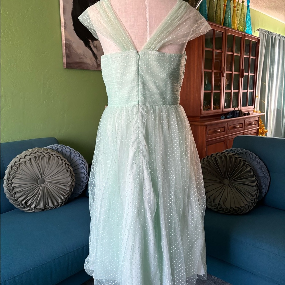Vintage-Style Mint Green Midi Dress with Sheer Polka Dot Overlay - Picture 7 of 13